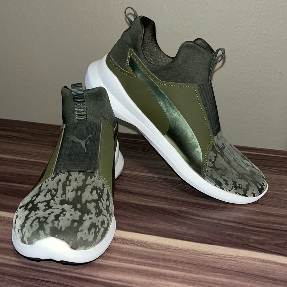 Puma rebel olive green mid VR slip on sneakers.
